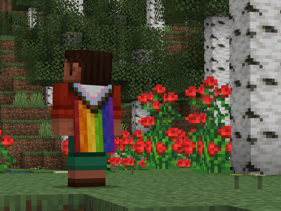 A player in a birch forest wearing the Progress Pride Cape.