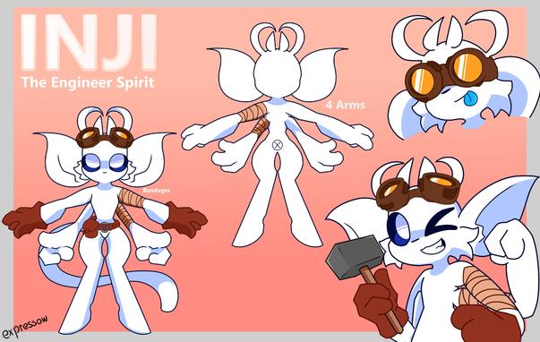 A reference piece of a white, albino, bipedal spirit character with hooves reminiscent of the spirits in the Ori games, called Inji, the engineer spirit. This spirit has four antennae, four arms, and wears a pear of brown goggles with bandage wraps on both left arms, and brownish-red gloves on the bottom hands.