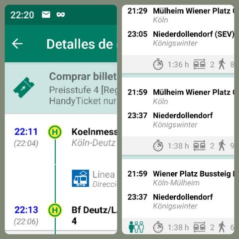 Left: screenshot showing that the Tram scheduled to arrive 22:06 is announced 22:13 and actually arrived 22:20 as seen on the clock top left.
Right: screenshot showing three connections, all of them taking between 1:36hs and 1:38hs.