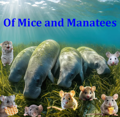 a group of grazing manatees is shown expertly photoshopped surrounded by adorable mice somehow not minding they are underwater for Of Mice and Manatees