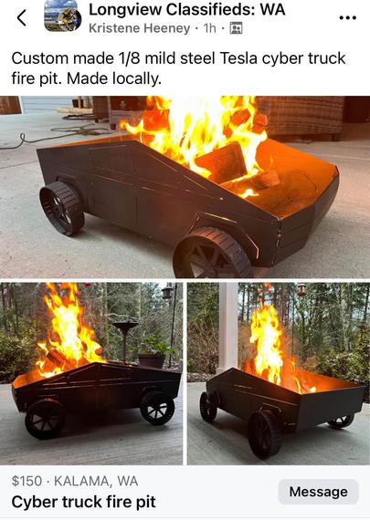 Custom made 1/8 mild steel Tesla cyber truck fire pit. Made locally.
Pictures of cyber truck looking firepit that is on fire, just like a real cyber truck.