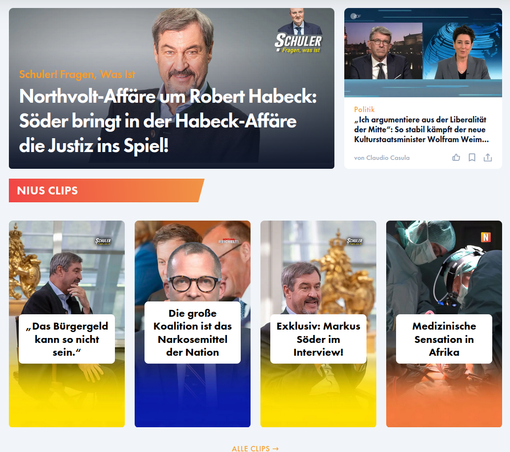 Ein Screenshot von dem rechten Hetzblatt Nius, hier verschiedene Interviews mit Söder.
