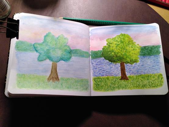 Two pages of a small sketchbook. Both show a painting of a tree in front of a lake at sunset.