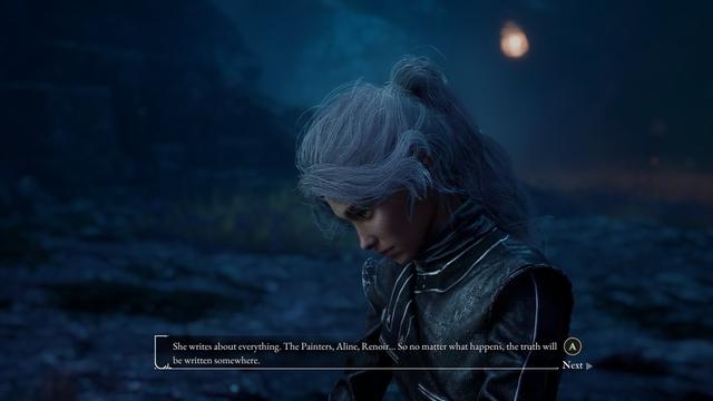 Maelle looks down at the journal where she writes. Her white hair is pulled back in a ponytail, and the moonlight shines down on her. Text at the bottom of screen reads: "She writes about everything. The Painters, Aline, Renoir... So no matter what happens, the truth will be written somewhere."