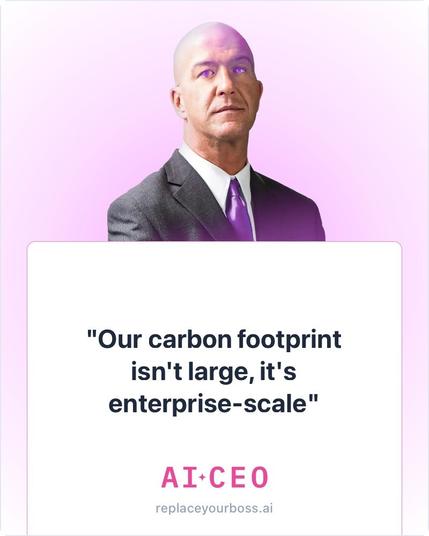 A confident individual in a business suit with a bald head and glowing blue eyes is set against a pink gradient background. The image features the quote: "Our carbon footprint isn't large, it's enterprise-scale." The text includes the term "AI★CEO"