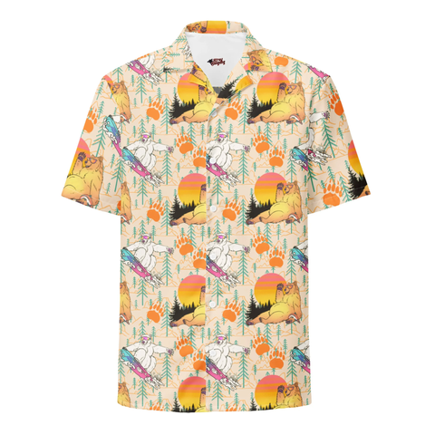 Button up shirt featuring a pattern of bears. One is a brown bear lounging back, wearing sunglasses and holding a salmon. The other is a snowboarding polar bear. Behind them is a pattern of mountains, trees, and bear paws