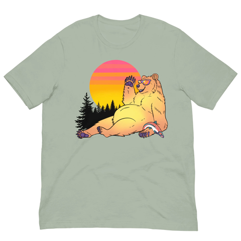 T-shirt featuring art of a brown bear lounging back, wearing sunglasses and holding a salmon.