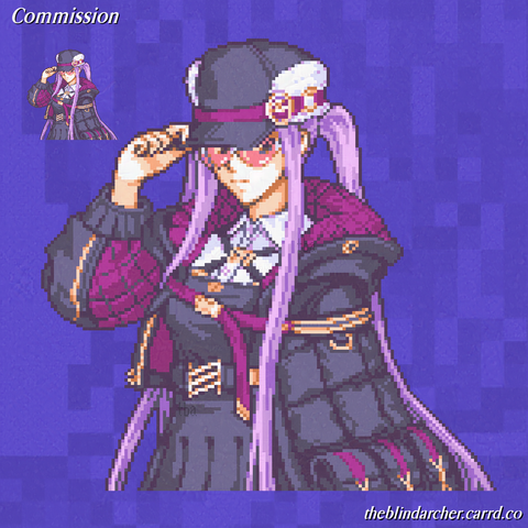 A 16 bit pixel art portrait of a pale-skinned woman with long pink hair with long bangs in front and long twintails in back.  She wears a black pleated dress with a white collar under a very bulky black jacket with burgundy quilting.  She wears rose-tinted glasses visible under the brim of her cap.  The hat is black with a burgundy strap around its base, and she is holding the bill.  The art is of the character Medusa (Saber) from the game Fate/Grand Order