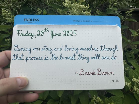 A pen quote of Brené Brown that reads, “Owning our story and loving ourselves through that process is the bravest thing we’ll ever do.”

Written using Montblanc Irish Green, Pilot Iroshizuku Ku-Jaku & Lamy Sepia.