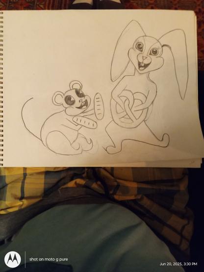 A cartoon mouse that is holding two loaves of bread and a silly cartoon bunny that is holding a pretzel