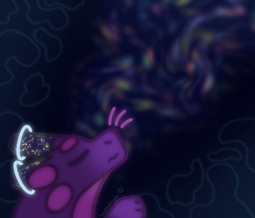 a drawing of a juvenile purple dragon focusing at the sky, slowly visualizing the ambient magic of the universe and the glimmer of stars