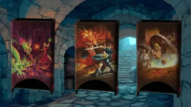 Three of the DnD dice towers featured in Fanroll's new Masterworks collection.