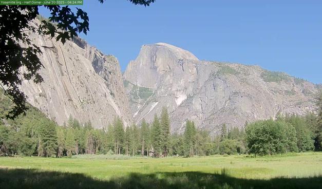 Half Dome rises behind a meadow and a cliff on the left