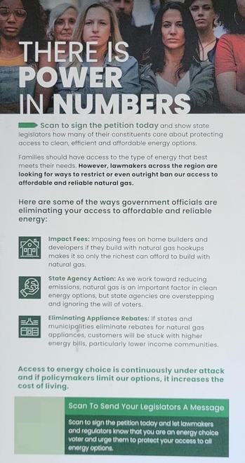 Flyer non-address side is dark green headers and black text. With a few tasteful green shades as accents.
The text warns "Here are some of the ways government officials are eliminating your access to affordable and reliable energy"