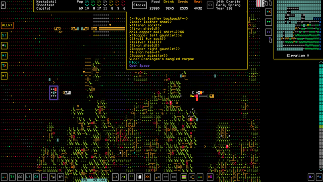 A screenshot of Dwarf Fortress.  We are at treetop height and the cursor is on a square containing a dead dwarf and some rather battered armour. Curiously it's also open space with an as yet un-constructed floor.