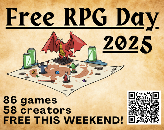 Tabletop game map with cute little minis, including a wizard, knight and an orc barbarian, as well as an adorable red dragon with its wings up going rarrh! Text reads: Free RPG Day 2025 - 86 games, 58 creators, free this weekend!