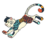 Jumping tiger pixel based filled in with Inara the tigers colors, Off white base, with Night blue dorsal markings and hair tuft, Cyan, red and dandalion yellow/orange stripes.