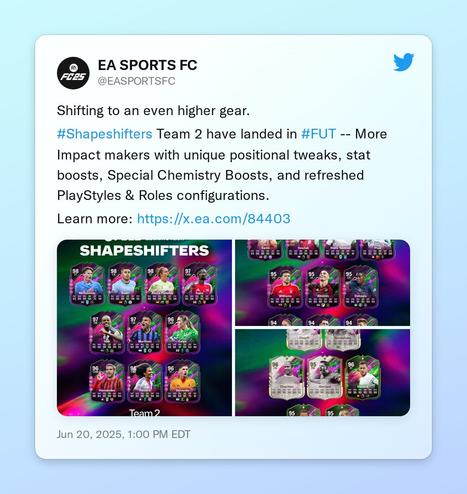 Shifting to an even higher gear.

#Shapeshifters Team 2 have landed in #FUT -- More Impact makers with unique positional tweaks, stat boosts, Special Chemistry Boosts, and refreshed PlayStyles &amp; Roles configurations.

Learn more: https://t.co/LSzaXAxhrz https://t.co/AeKqB42nyn