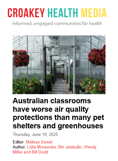 Australian classrooms have worse air quality protections than many pet shelters and greenhouses

Editor: Melissa Sweet
Author: Lidia Morawska, Bin Jalaludin, Wendy Miller and Bill Dodd
Thursday, June 19, 2025