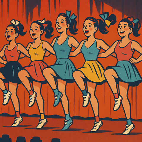 Ilustración de un grupo de chicas en el escenario realizando una coreografía, vestidas con faldas de colores brillantes y deportivas, con un fondo rojo que evoca energía y diversión.