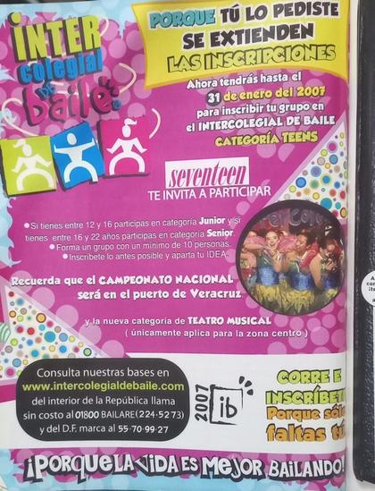 Un anuncio colorido del Intercolegial de Baile, donde se extienden las inscripciones para participar en el concurso, invitando a adolescentes a inscribirse en las categorías Junior y Senior.