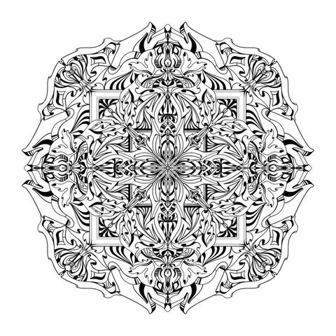 Black line on white background mandala with myriad highly detailed abstract and stylized organic art nouveau, art deco styled elements emanating outwards from the centre in numerous inner mandalic sections.