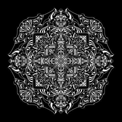 White line on black background mandala with myriad highly detailed abstract and stylized organic art nouveau, art deco styled elements emanating outwards from the centre in numerous inner mandalic sections.