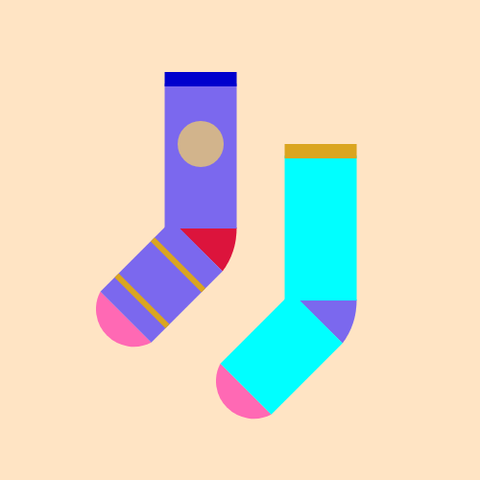 Two socks: One is a MediumSlateBlue sock with a Crimson heel, a HotPink toe, and a MediumBlue cuff, with a Tan circle on the leg and two Goldenrod stripes on the foot, and the other is an Aqua sock with a MediumSlateBlue heel, a HotPink toe, and a Goldenrod cuff, with no decoration, all on a Bisque background.