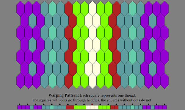 An Inkle weaving diagram and warping pattern in the color sequence listed in the text description: The warping pattern is a line of colored boxes with small dots above every other one, above which it states: "Warping Pattern: Each square represents one thread. The squares with dots go through heddles, the squares without dots do not." The weaving diagram is a series of tessellated lozenge shaped tiles illustrating how the pattern will appear when woven.