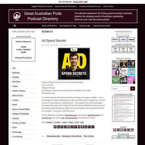 Ad Spend Secrets: eCommerce Marketing Strategies
Screenshot of the podcast listing on the Great Australian Pods website