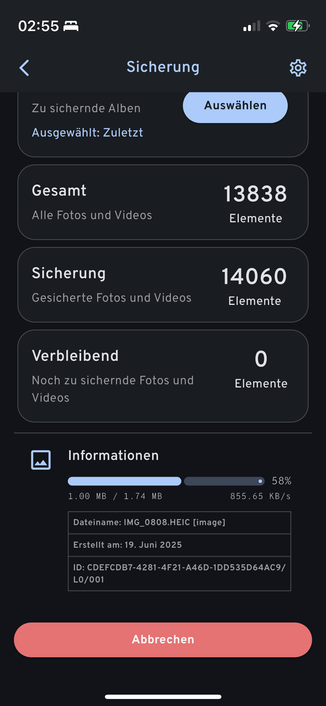 Screenshot der Immich Sicherung