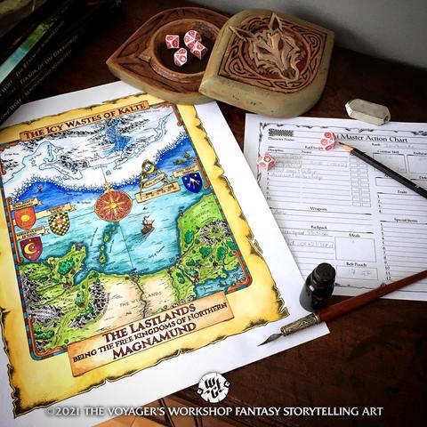 A full colour map of the Lastlands and Kalte, paying tribute to the Lone Wolf gamebooks by Joe Dever & Gary Chalk.