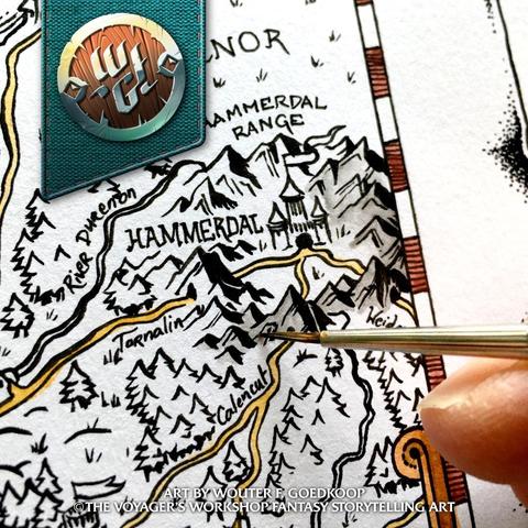 Watercolour being applied to the inked map.