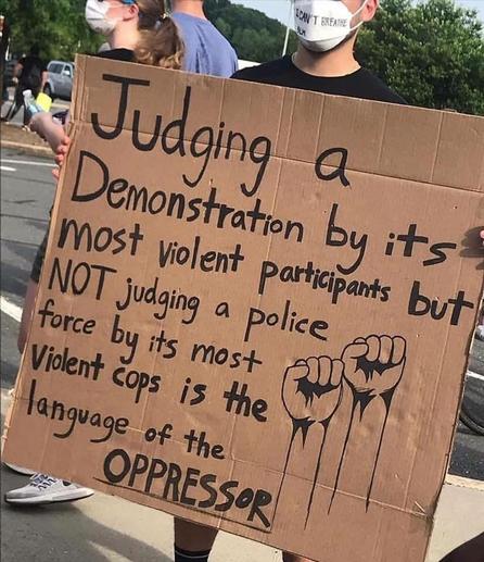 A protest sign: Judging a demonstration by its most violent participants but not judging a police force by its most violent cops is the language of the OPPRESSOR.