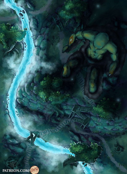 Sleeping Giant Phased Battle Map phase by Domille's Wondrous Works. It features a dilapidated road and bridges next to a river.
