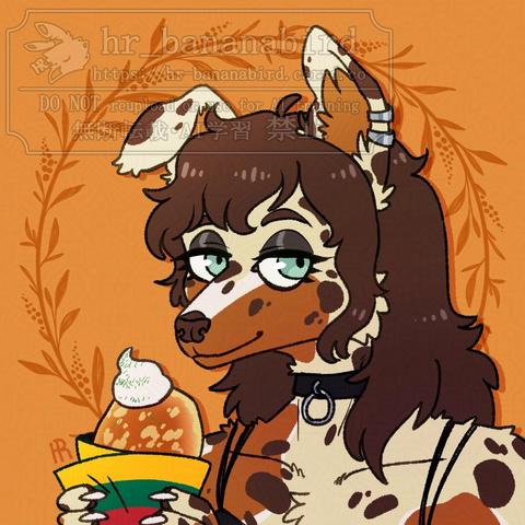 Digital art of an anthro dog lady with floppy ears, cream-colored fur with brown, dark brown and white splotches, a wavy brunette mullet hairstyle and pale green eyes. She is wearing a black spaghetti strap top, a chocker and silver piercings in her ears, while holding a Lithuanian potato pancake with a wrapper colored as the Lithuanian flag in her hands. She has relaxed half-lidded eyes and is gently smiling towards the viewer. Behind her is an orange-colored background.