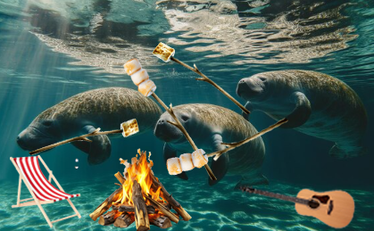 a very confusing photoshop compilation of several manatees holding toasted marshmallows. A lawn chair and a guitar are seen around an inexplicable underwater campfire.