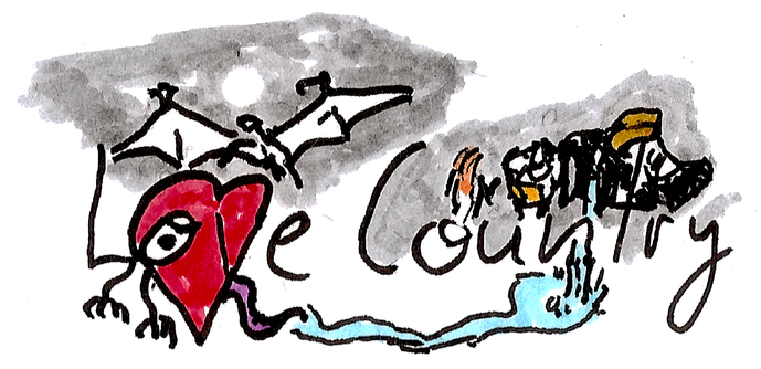 Tuscheskizze: Links ein Herz mit Zunge und Klauen aus dem Wort Love, darüber ein fliegendes Wesen vor dem Mond, rechts das Wort Country aus dem ein Fluss fließt, darüber Personen und ein Auto.