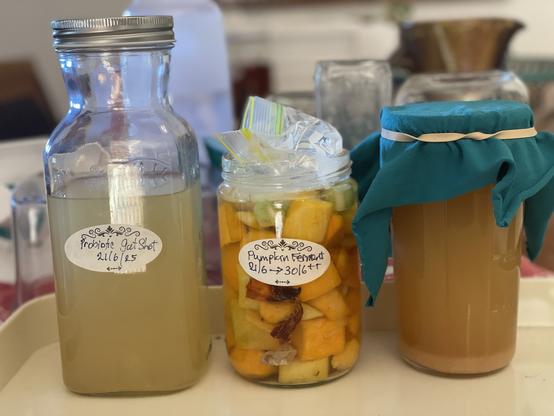 the probiotic drink in a jar-bottle, the pumpkin topped with a ziploc bag as follower, the quince vinegar with a cotton cover as it needs oxygen to "vinegar".