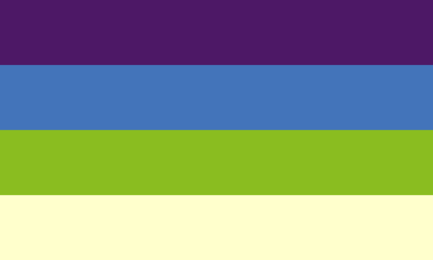 A striped color-symbolism pride flag representing the concept "Aplatonic." It consists of four horizontal stripes. The top three are inverted forms of yellow pink and brown—purple, blue, and green. Those colors were chosen because the non-inverted forms each in some way represent friendship. The final color at the bottom is a cream color—a variant of white representing the spectrum of platonic attraction shifted to be more pleasant to look at.