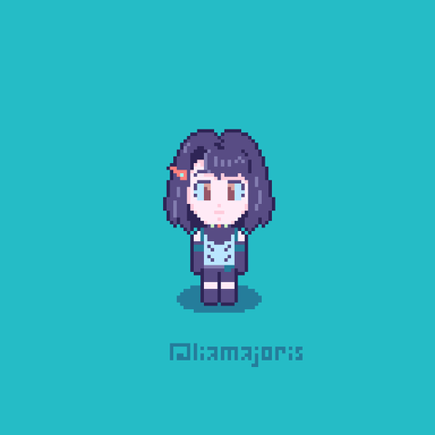 A pixel sprite of Lin from Xenoblade Chronicles X. She is standing facing forward on a turquoise background
