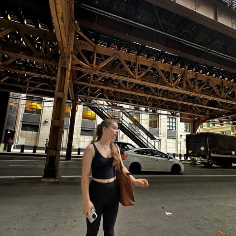 Yocheved underneath 'The Loop' 'El' train tracks in Downtown Chicago