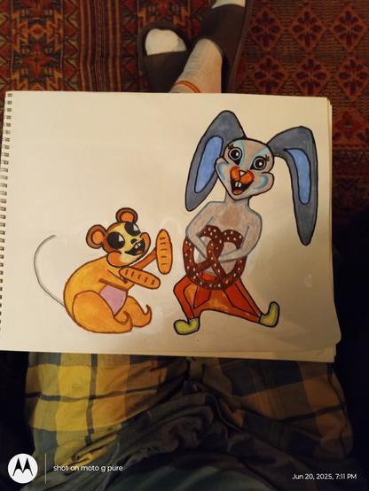 Cartoon image of a very fat mouse trying to trade his two loaves of bread for the bunnies pretzel