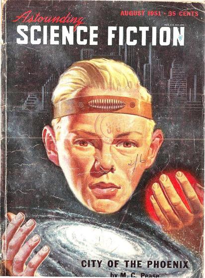 Against a black background with sketchy drawings of buildings behind and a galaxy below, a young man's head and hands are seen, a leather band with a shell-like metallic device on it around his forehead.
Astounding Stories magazine cover from 1951.