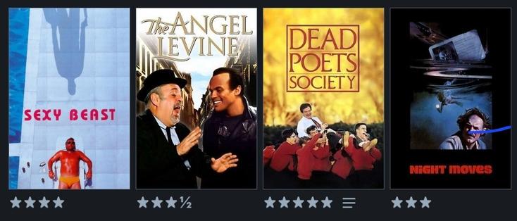A row of four movie posters representing the most recent films I have watched as logged on Letterboxed, a movie cataloging and review site. 

From left to right they are: 

Sexy Beast - 4 stars
The Angel Levine - 3.5 stars
Dead Poets Society - 5 stars
Night Moves - 3 stars