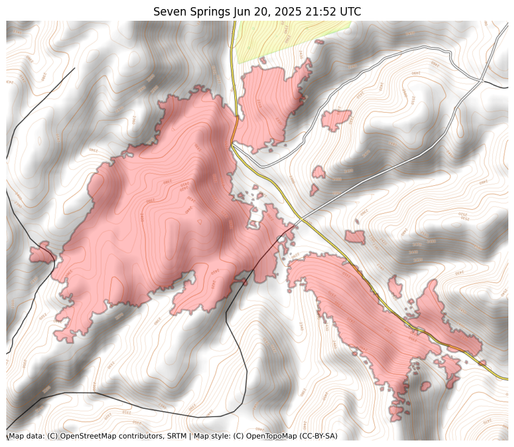 Visual map representation of the Seven Springs wildfire, showing the perimeters of the 805.2139396278503 acre fire on a map.