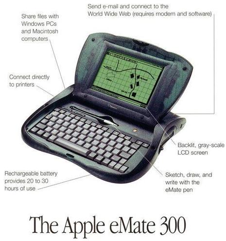 Send e-mail and connect to the World Wide Web (requires modem and software) Share files with Windows PCs and Macintosh computers Connect directly to printers Backlit, gray-scale LCD screen Rechargeable battery provides 20 to 30 hours of use Sketch, draw, and write with the eMate pen The Apple eMate 300
