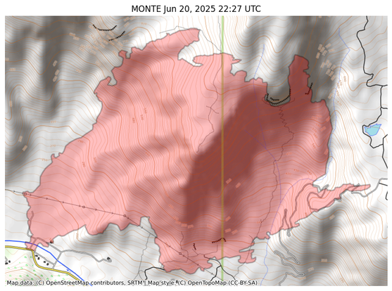Visual map representation of the MONTE wildfire, showing the perimeters of the 1050.8079129263078 acre fire on a map.