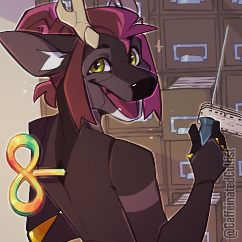 Digital art of a furry (mechanical toy) reindeer character with a colorful infinity wind-up key inserted into the back. Key represents autism pride, and infinite possibilities! Character is holding a sorting needle and is standing in front of cabinets filled with papers or edged notched cards.

Artwork by, CaffeinatedCultist
