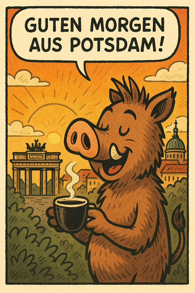 Passend zum Tröt und um die "Schweinehitze" zu überstehen, steht ein Schwein, im comicstyle dargestelltes Schwein mit einer  dampfenden Kaffeetasse vor dem Brandenburger Tor im Hintergrund und der Nicolai- Kirche aus Potsdam. In einer zentral positionierten Sprechblase wünscht das Schwein "Guten Morgen Potsdam", was aber auch an Rest- Deutschland gerichtet ist!